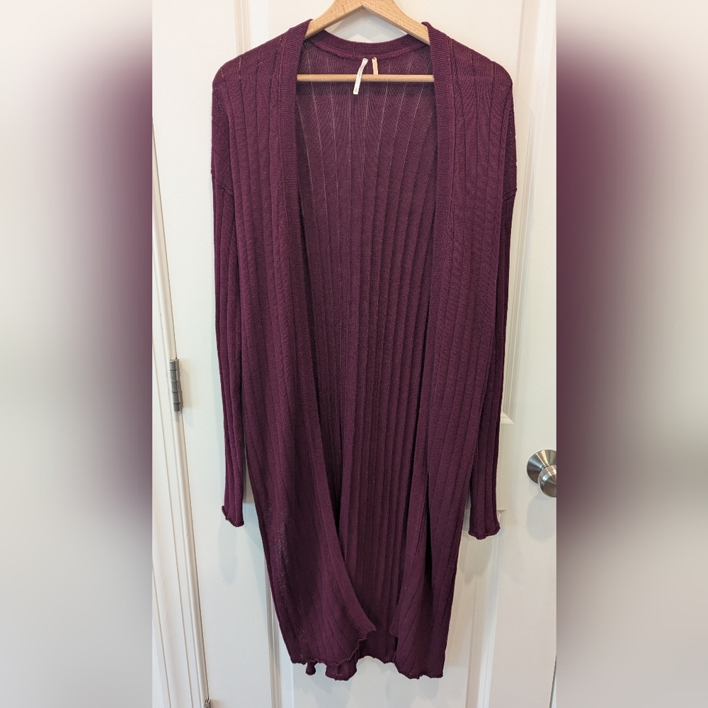 Free People rib cardigan sweater Large linen Cotton Lightweight Burgundy Grunge